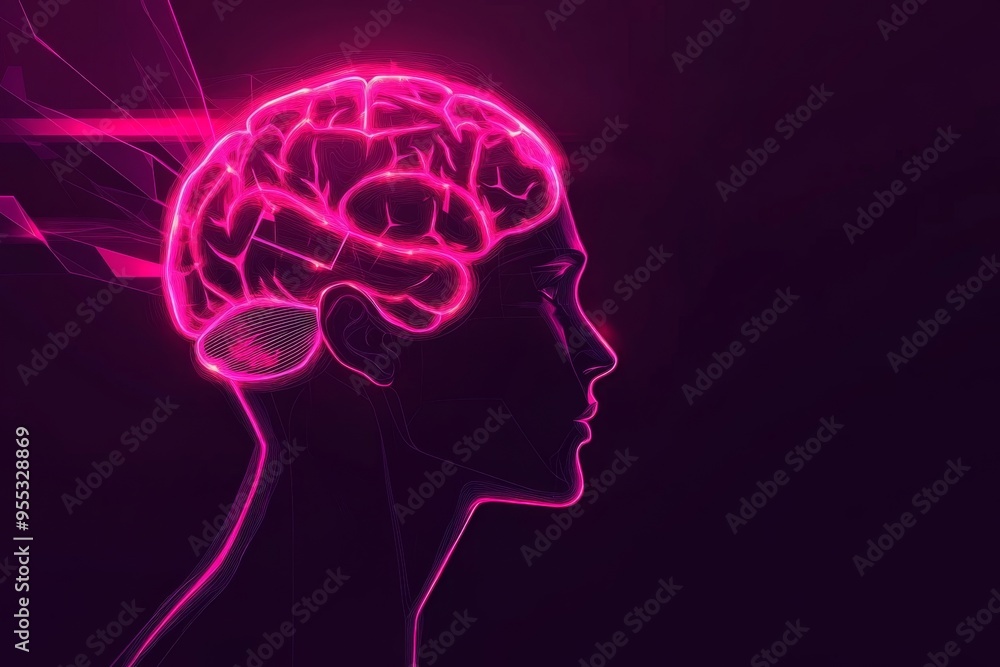 Poster cognitive flexibility brain derived neurotrophic factor neon outline of a human brain on a dark back