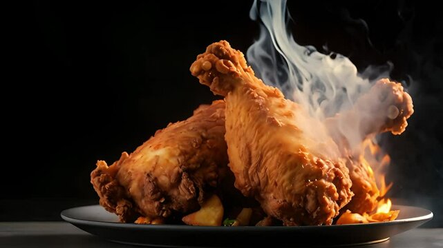 Tasty chicken fried on a plate beside fire smoke on a wooden table