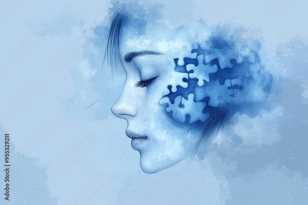 Canvas Prints Neural adaptation Brain derived neurotrophic factor Side profile of a woman with puzzle pieces integrated into her face representing the assembly of thoughts and the complexity of human cognition