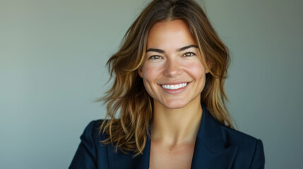 Fototapeta premium Smiling woman with long hair wearing dark blazer, exuding confidence and warmth. 
