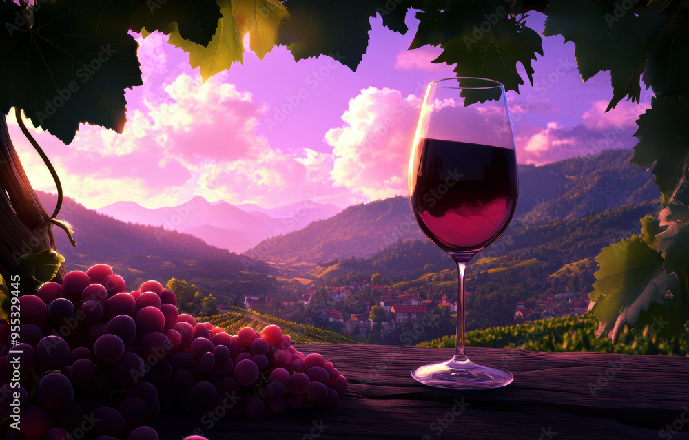 Poster a glass of red wine is on a table next to a bunch of grapes. the scene is set in a vineyard with a b