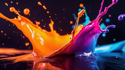 A colorful splash of paint on a black background. The colors are vibrant and the splatter looks like a rainbow. Scene is lively and energetic, as if the paint is bursting out of the canvas