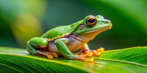 Obraz premium Tiny, freckle-marked tree frog sits regally on a leaf, its green body gleaming in the sunlight, a tiny,
