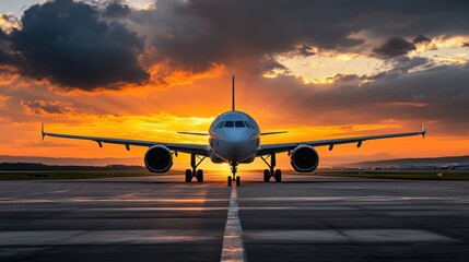 A commercial airplane is shown front and center on a runway during a dramatic sunset, with vibrant orange and yellow hues filling the sky, illustrating the beauty of aviation at dusk