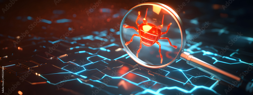 Poster malware bug in target with magnifier. scanning network vulnerability virus malware ransomware fraud 