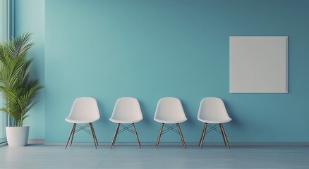 Brightly lit waiting area with modern chairs and empty wall ready for decoration
