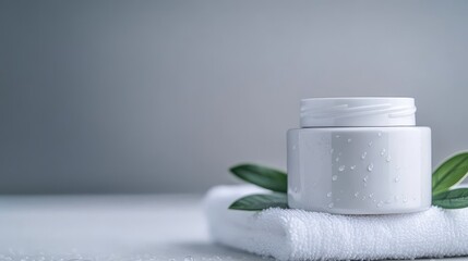 Empty white facial cleanser container with sleek design, sitting on white towel, droplets of water surrounding