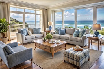 Tranquil ocean views harmonize with stylish coastal decor in a serene living space, where soft lighting and comfortable