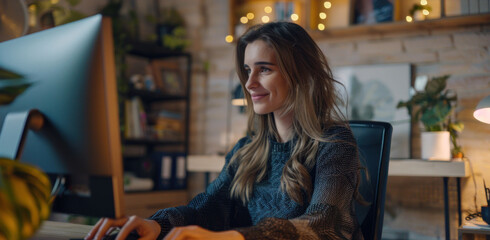 Fototapeta premium Focused woman working on computer in cozy, well lit home office, surrounded by plants and warm decor. 