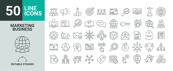 Set of 50 icons of Marketing Business in Vector Format. Content, search, marketing, ecommerce, seo, electronic devices, internet, analysis, social and more line icon.