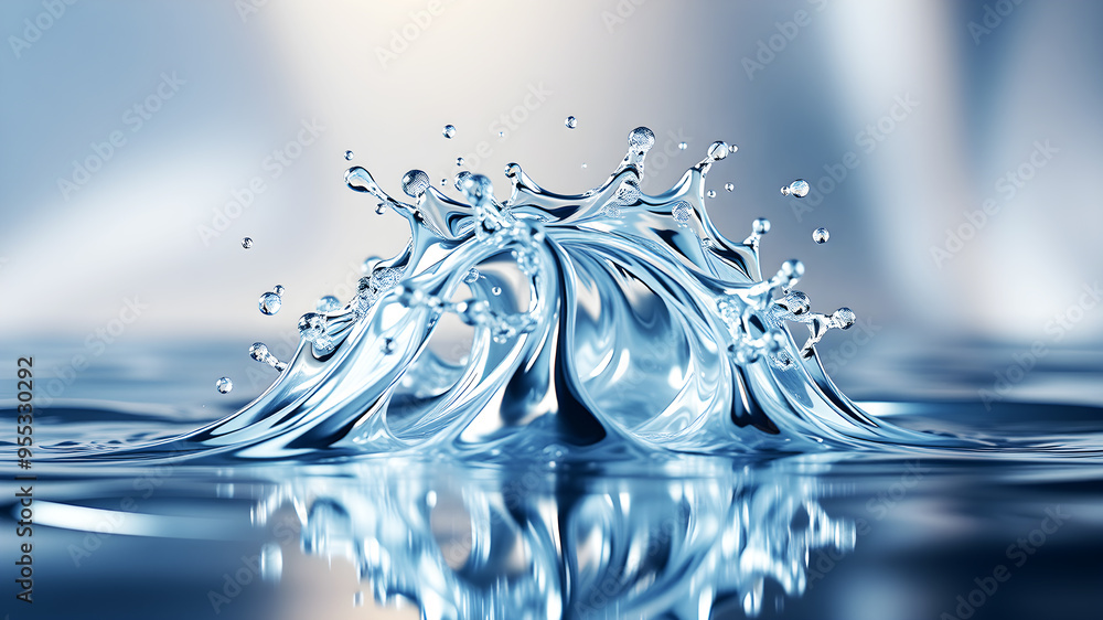 Poster a dynamic 3d wave of liquid metal splashing against a reflective surface, capturing movement and tex