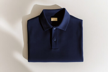 Folded navy blue polo shirt on minimalist white surface, top-down view, subtle shadow details, clean and modern presentation, wrinkle-free appearance, copy space for text