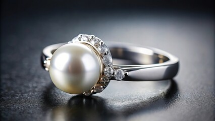 Elegant silver white gold rings with diamonds and pearls on a dark background