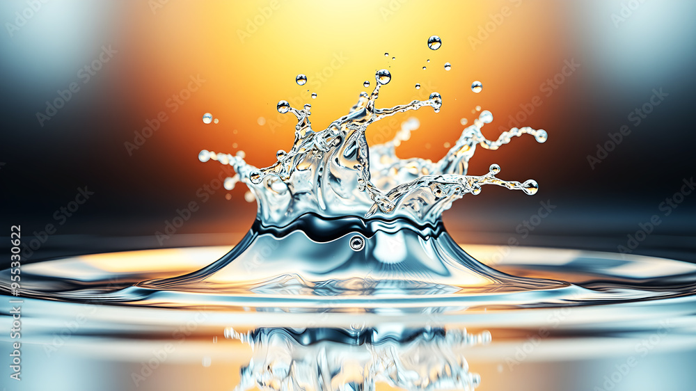 Poster a dynamic 3d wave of liquid metal splashing against a reflective surface, capturing movement and tex