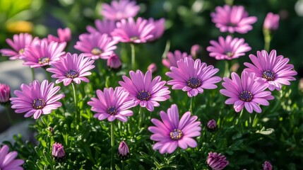 Overhead shot of pink daisies in a garden.