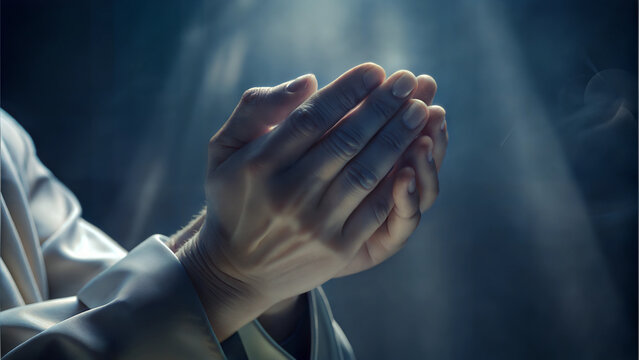 Devout hands in prayer illuminated by soft light on a dark background