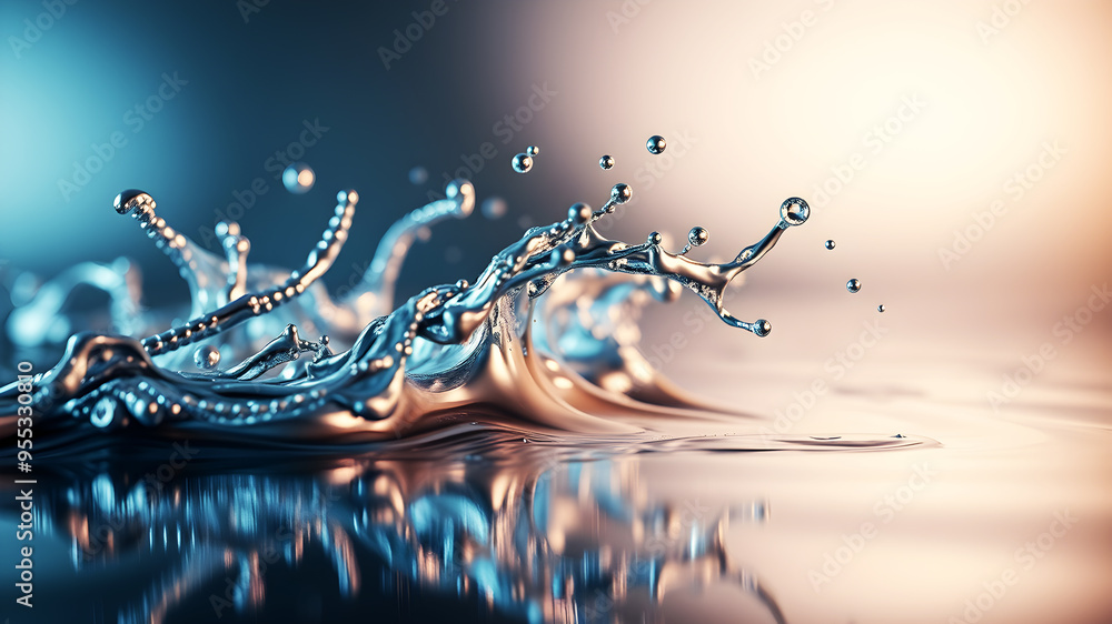 Poster a dynamic 3d wave of liquid metal splashing against a reflective surface, capturing movement and tex