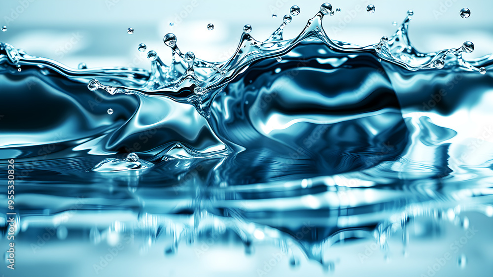 Poster a dynamic 3d wave of liquid metal splashing against a reflective surface, capturing movement and tex