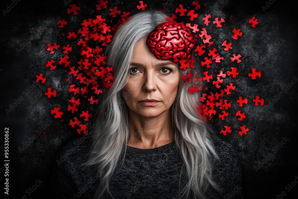 Poster brain function brain derived neurotrophic factor older woman with puzzle pieces integrated into her 