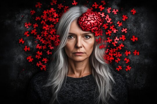 Brain function Brain derived neurotrophic factor Older woman with puzzle pieces integrated into her hair symbolizing the complexity of memory and the struggle to retain identity with age