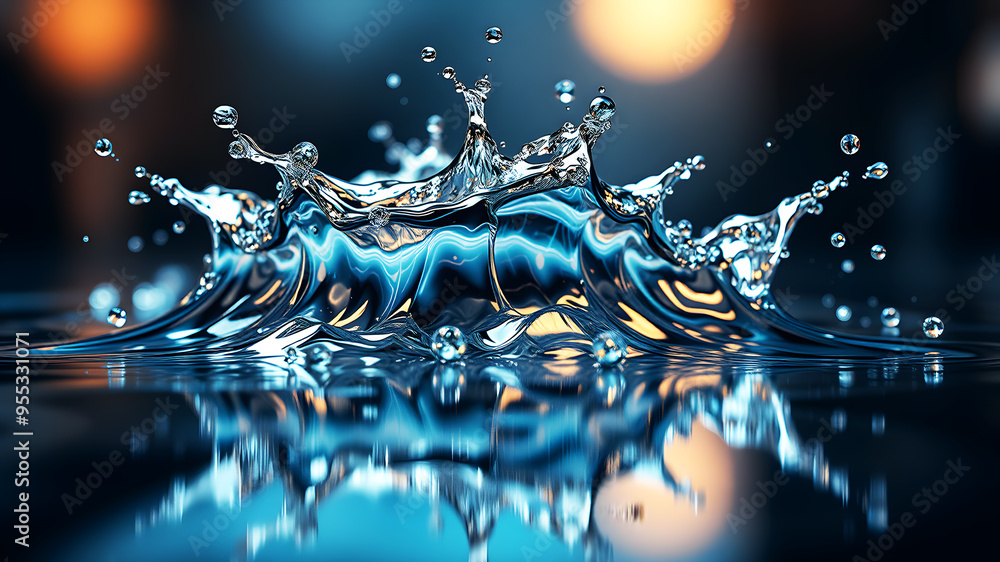Poster a dynamic 3d wave of liquid metal splashing against a reflective surface, capturing movement and tex