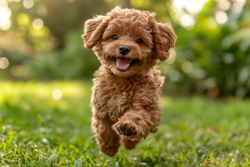 Fototapeta premium A Happy Brown Poodle Running Through Grass