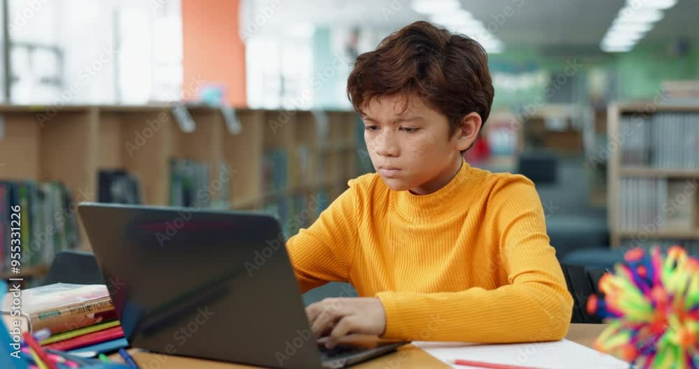 Aufkleber boy, library and child on laptop for online class, remote education and e learning with knowledge. v