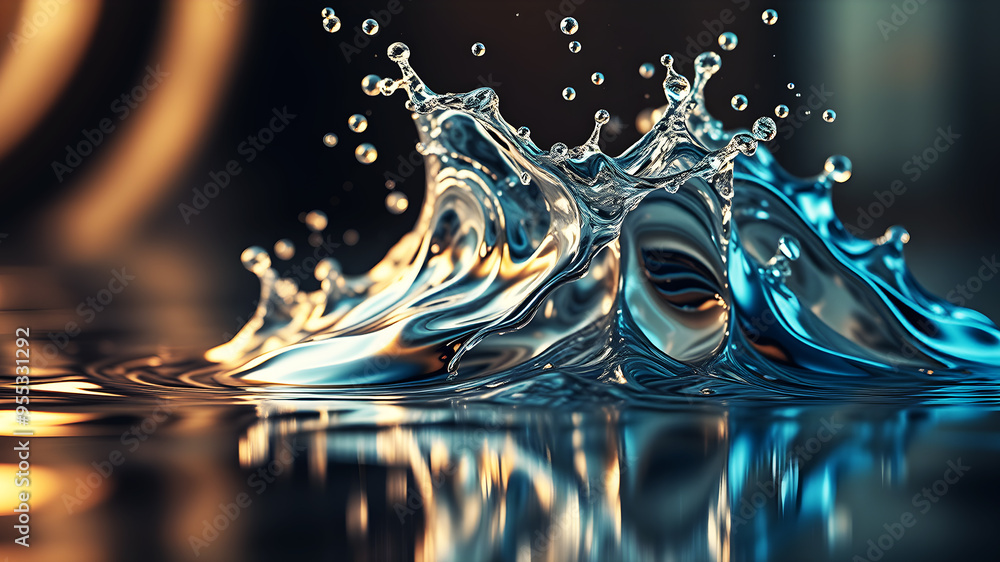 Poster a dynamic 3d wave of liquid metal splashing against a reflective surface, capturing movement and tex