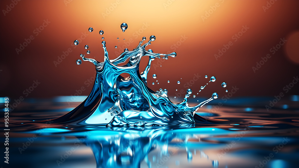 Poster a dynamic 3d wave of liquid metal splashing against a reflective surface, capturing movement and tex