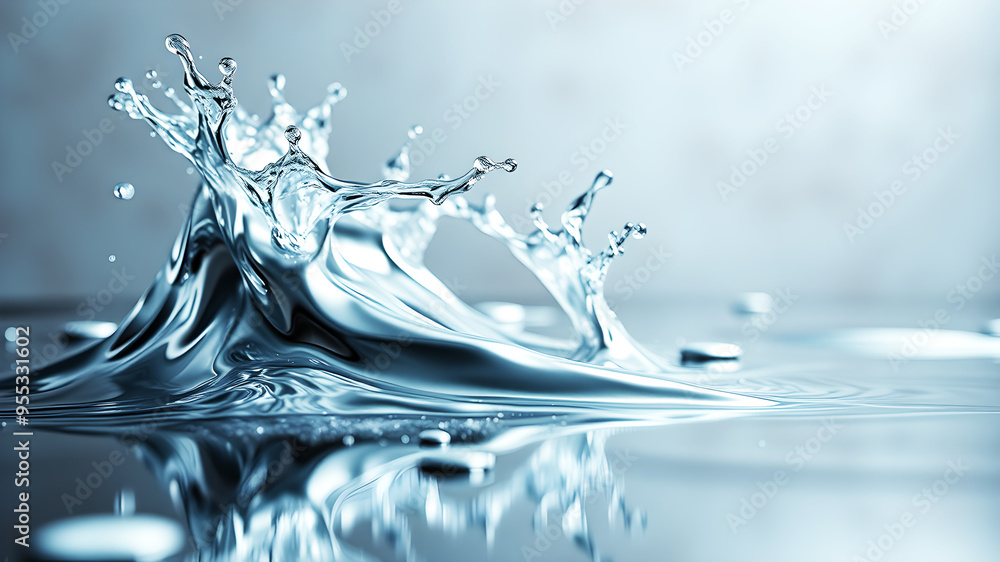 Poster a dynamic 3d wave of liquid metal splashing against a reflective surface, capturing movement and tex