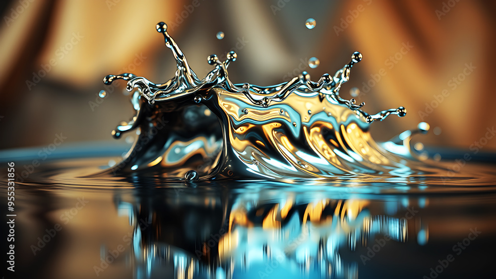 Poster a dynamic 3d wave of liquid metal splashing against a reflective surface, capturing movement and tex