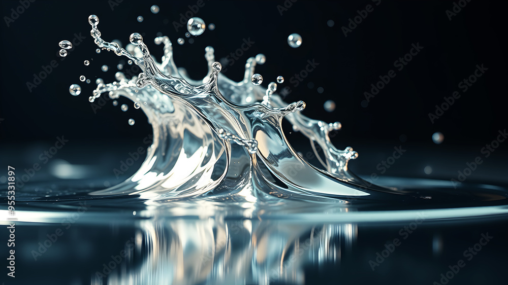 Poster a dynamic 3d wave of liquid metal splashing against a reflective surface, capturing movement and tex