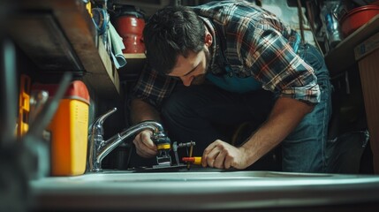 Pliers-wielding handyman fixing sink.