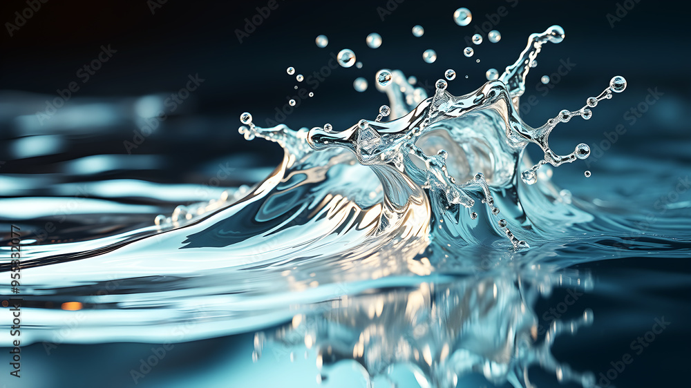 Poster a dynamic 3d wave of liquid metal splashing against a reflective surface, capturing movement and tex