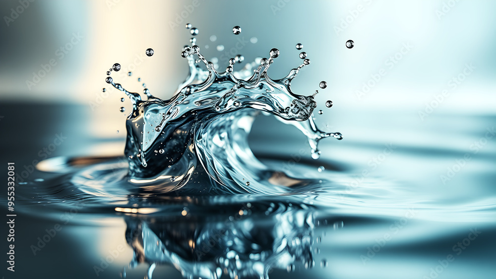 Poster a dynamic 3d wave of liquid metal splashing against a reflective surface, capturing movement and tex