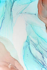 Abstract blue and peach marbled artwork with flowing patterns and textures created using liquid painting techniques