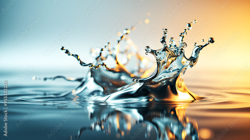 Poster a dynamic 3d wave of liquid metal splashing against a reflective surface, capturing movement and tex