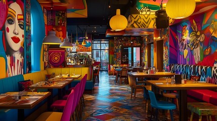 A restaurant interior featuring vibrant ever-changing decor and themes