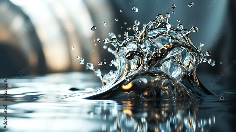 Poster a dynamic 3d wave of liquid metal splashing against a reflective surface, capturing movement and tex