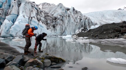 Naklejka premium Hikers Exploring a Glacial Lake