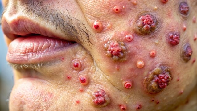 Visible under the microscope, herpes simplex virus displays its signature blisters and skin lesions, showcasing the