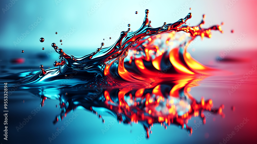Poster a dynamic 3d wave of liquid metal splashing against a reflective surface, capturing movement and tex