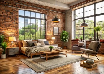 Warm and inviting cozy living room and bedroom combination features a brick wall backdrop, wooden furniture, plush area