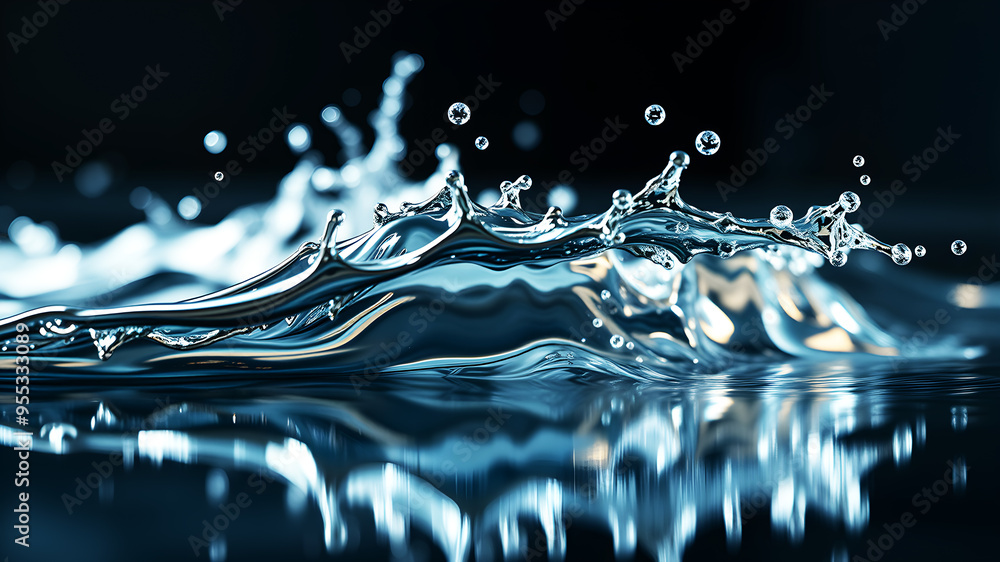 Poster a dynamic 3d wave of liquid metal splashing against a reflective surface, capturing movement and tex