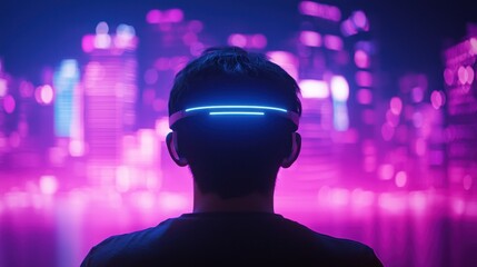 Person wearing virtual reality headset against a neon city skyline, showcasing future technology and immersive experiences.