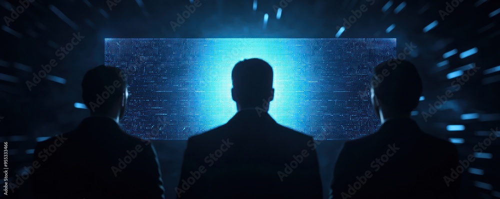 Poster three silhouettes observe a glowing screen, creating a mysterious atmosphere of technology and innov