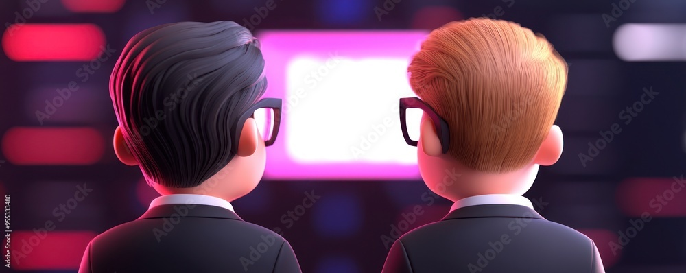 Poster two animated characters in suits watch a screen, highlighting teamwork and collaboration in a digita