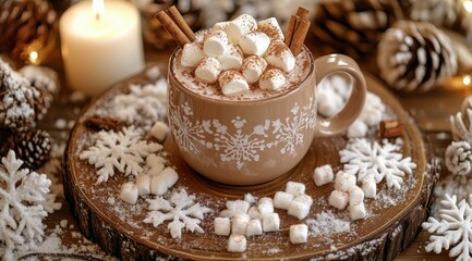 Warm mug of hot cocoa topped with marshmallows and spices on a cozy winter table setting
