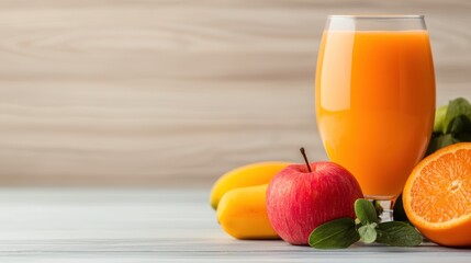 Fototapeta premium Vibrant fruit drink with apples, bananas, and oranges, perfect for healthy recipes and tropical refreshment.