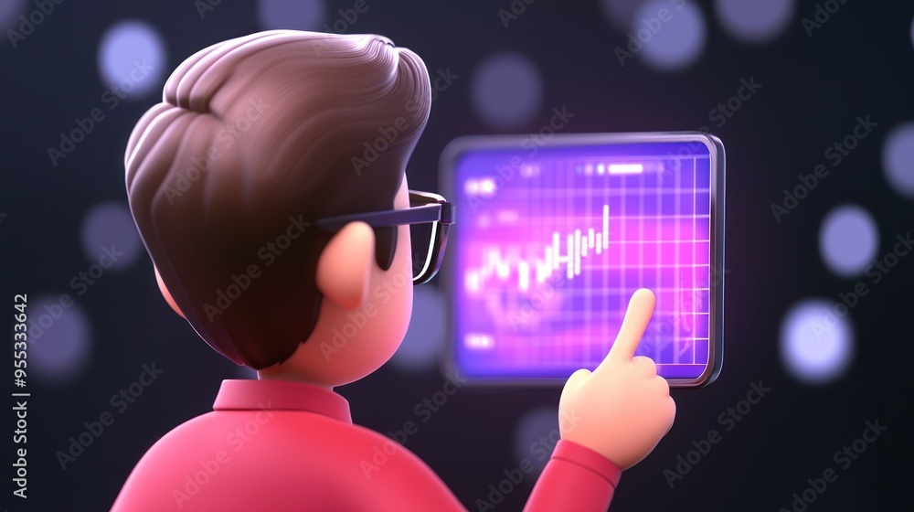 Poster a character analyzing data on a tablet, showcasing a vivid graph to represent growth and market tren